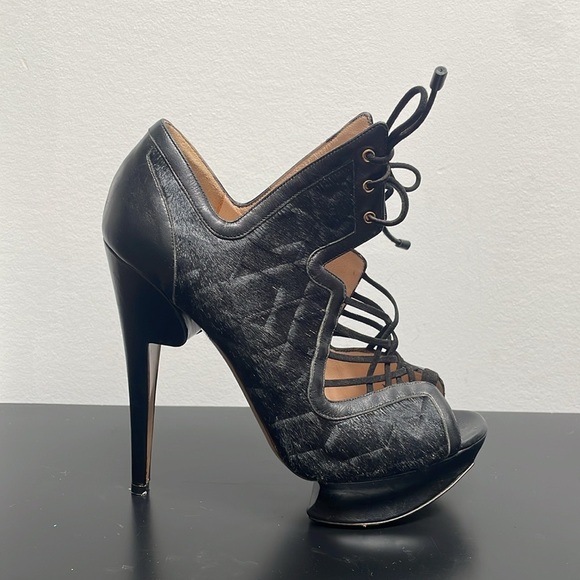 Nicholas Kirkwood Pony Hair Leather Platform Heel Black Lace Up Open Toe 7.5 - Picture 5 of 16